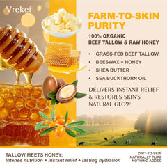 VREKEF tallow honey balm texture close-up highlights creamy, quick-absorbing care.