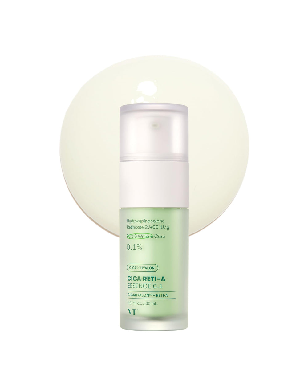 VT COSMETICS Cica Reti-A Retinol Essence bottle closeup for silky, balanced skin texture.