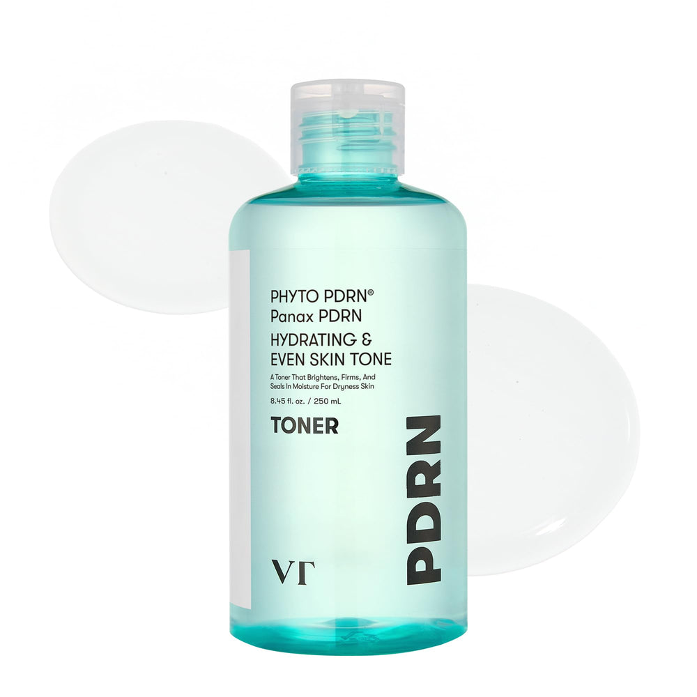 VT COSMETICS PDRN Toner bottle close-up shows fragrance-free hydration for sensitive skin.