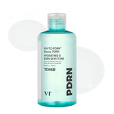 VT COSMETICS PDRN Toner bottle close-up shows fragrance-free hydration for sensitive skin.
