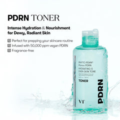 VT COSMETICS PDRN Toner packaging front highlights vegan fragrance-free formula.