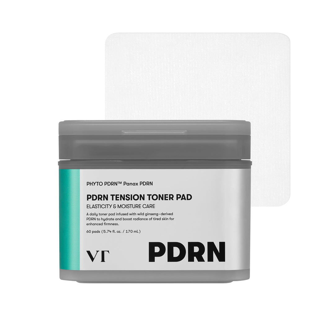 VT COSMETICS PDRN Tension Toner Pad packaging shows vegan hydration benefits.