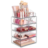 Vtopmart 5-tier clear makeup organizer with drawers keeps cosmetics organized and accessible.