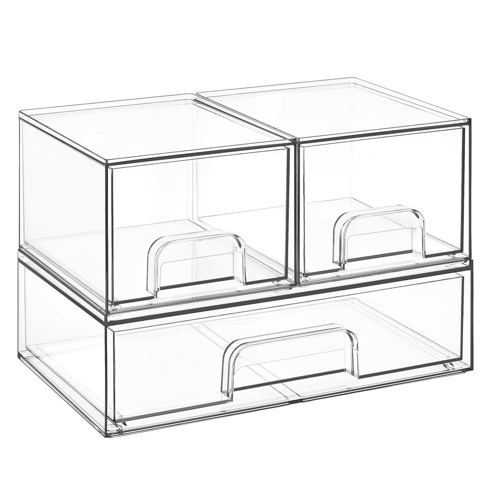 Vtopmart stackable drawers 3-set clear save countertop space and simplify makeup storage.