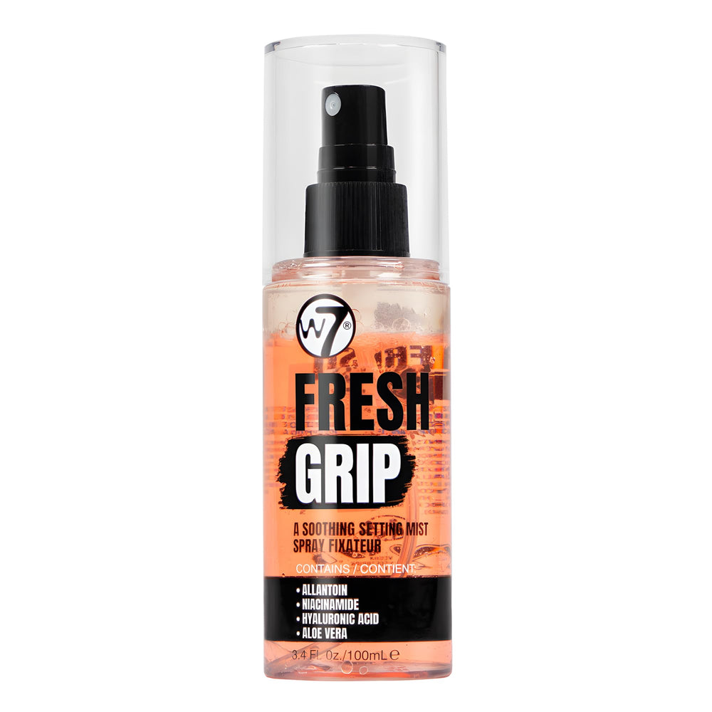 W7 Fresh Grip spray bottle close-up highlights hydrating mist for makeup longevity
