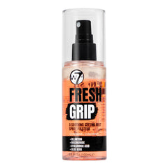 W7 Fresh Grip spray bottle close-up highlights hydrating mist for makeup longevity