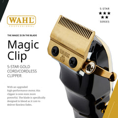 Wahl Professional 5-Star Cordless Magic Clip Gold battery delivers 100 minute runtime for long sessions.