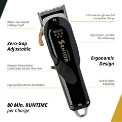 Wahl Professional 5 Star Cordless Senior Clipper metal housing emphasizes durable construction.