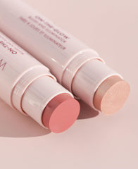 Wander Beauty On-the-Glow bare-nude-glow swatch demonstrates buildable color on lips and cheeks