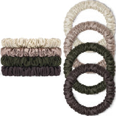 WantGor silk scrunchies four-piece color set in beige, champagne, coffee, grey-green for hold and reduced breakage.