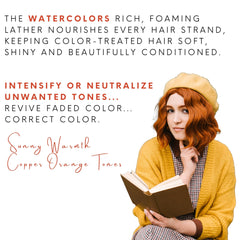 Watercolors by Tressa liquid copper shampoo lather shown, boosts vibrant tones