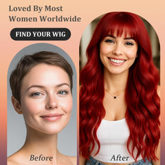 WAVE&BREEZE long red wig bangs 26in back view reveals full volume and movement.
