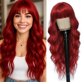 WAVE&BREEZE long red wig bangs 26in front view shows natural daily-wear look.