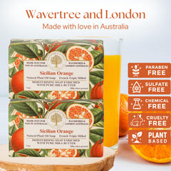 Wavertree & London Sicilian Orange soap bar closeup shows creamy lather and gentle cleansing.