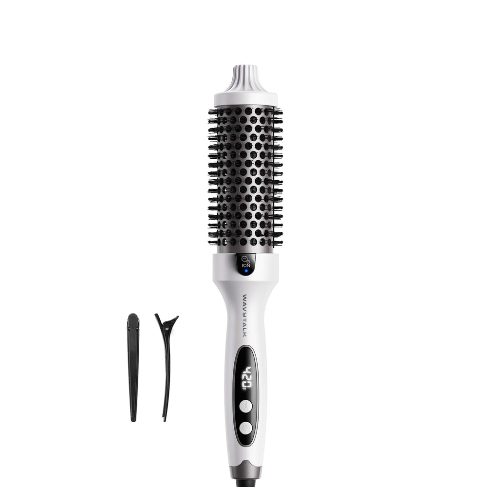 Wavytalk Blowout Boost front view shows a sleek 1.5 inch heated brush for salon-worthy volume.