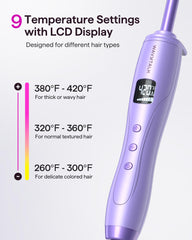 Wavytalk curling iron LCD display shows precise temperature control in purple.