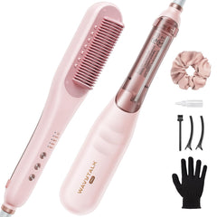 Wavytalk Pro Steam Hair Straightener Brush front view shows 3-in-1 design for quick styling