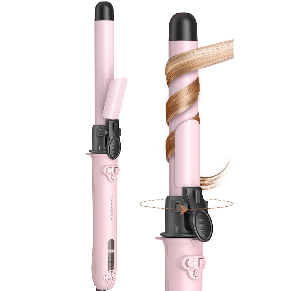 Wavytalk rotating curling iron closeup shows pale pink barrel for quick, lasting beachy waves.