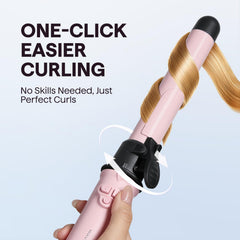 Wavytalk rotating curling iron in use demonstrates effortless one-click reset for precise curl alignment.