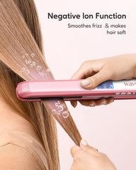 Wavytalk flat iron showing negative ion function for frizz control.