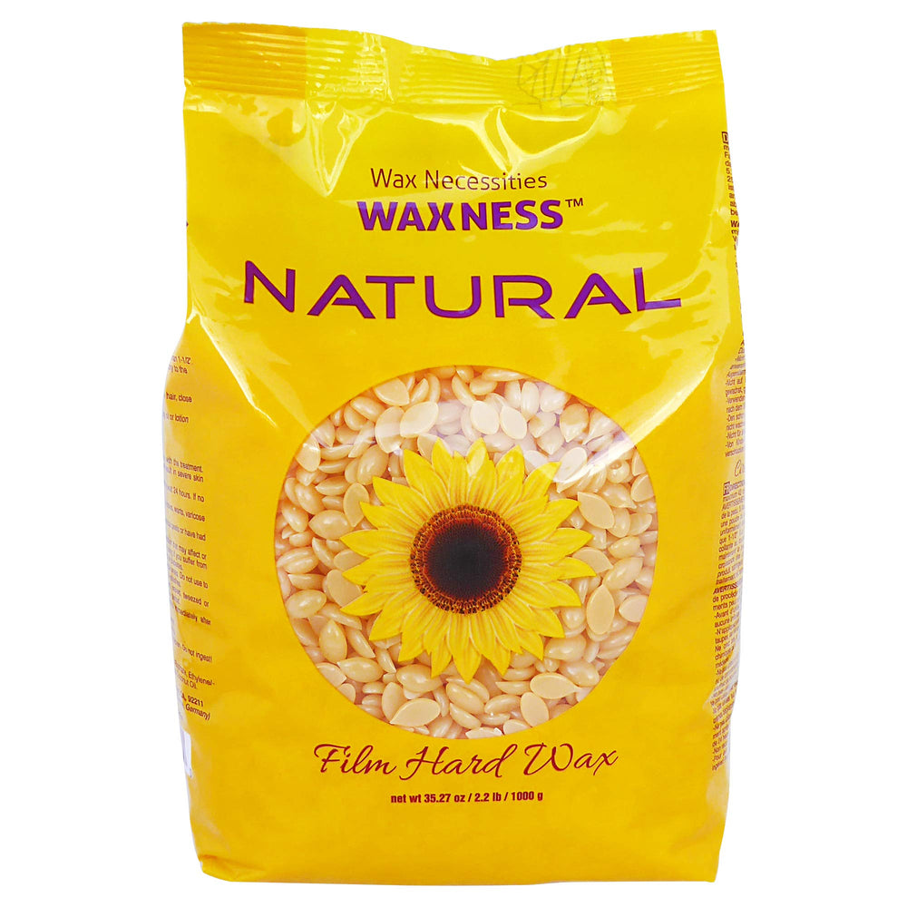Wax Necessities hard wax beads natural packaging closeup highlights sturdy bag for long-term storage.