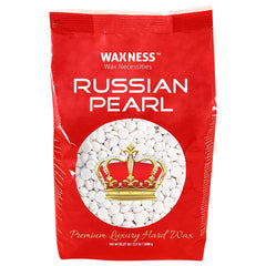 Wax Necessities Russian Pearl beads packaging highlights premium hypoallergenic wax beads for sensitive skin.