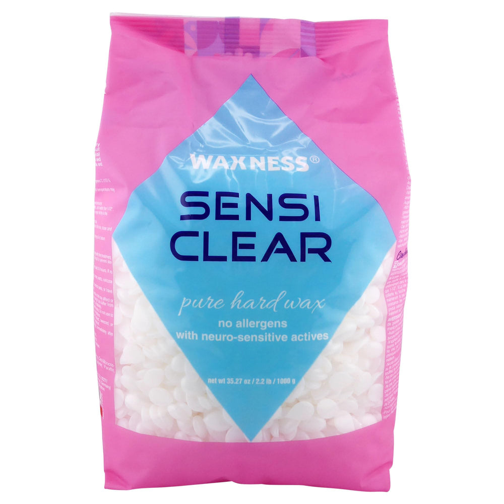 Waxness Sensi Clear granules showing transparent rosin-free formula for gentle depilation