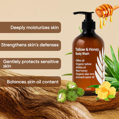 WDVNEX Tallow and Honey Body Wash ingredients highlight nourishing skin protection.
