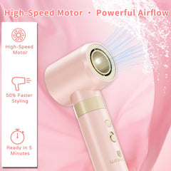 WeBeauty Hair Dryer Brush showing 3 heat settings in pink for tailored styling.