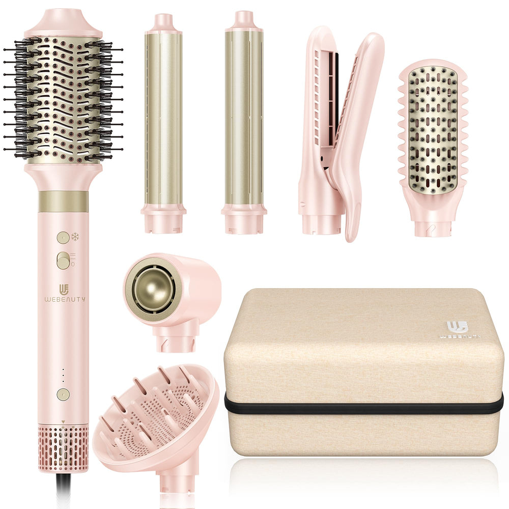 WeBeauty Hair Dryer Brush front view in pink highlights fast drying and versatile styling.