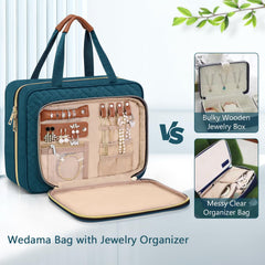 Wedama toiletry bag hanging hook demonstrates easy overhead access