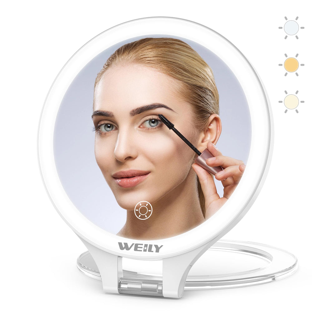 WEILY travel mirror shows 10x/1x magnification for precise makeup checks.
