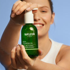 Weleda Deep Cleansing Gel foaming on hand, showing gentle oil control.