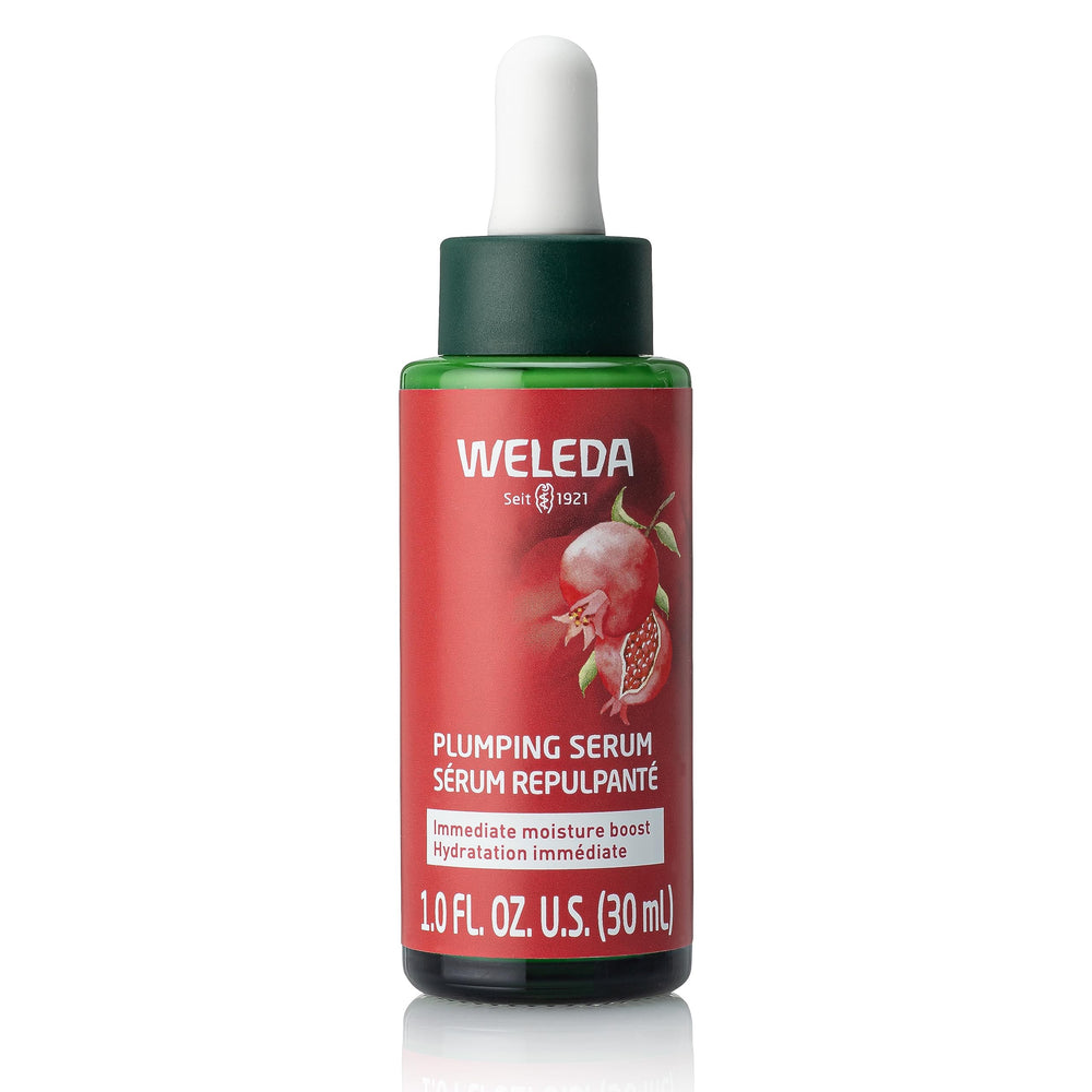 Weleda Face Care Plumping Serum bottle close-up highlighting hydrating formula.