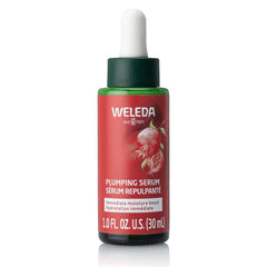 Weleda Face Care Plumping Serum bottle close-up highlighting hydrating formula.