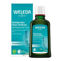 Weleda rosemary revitalising hair tonic bottle for scalp refreshment and hair vitality.