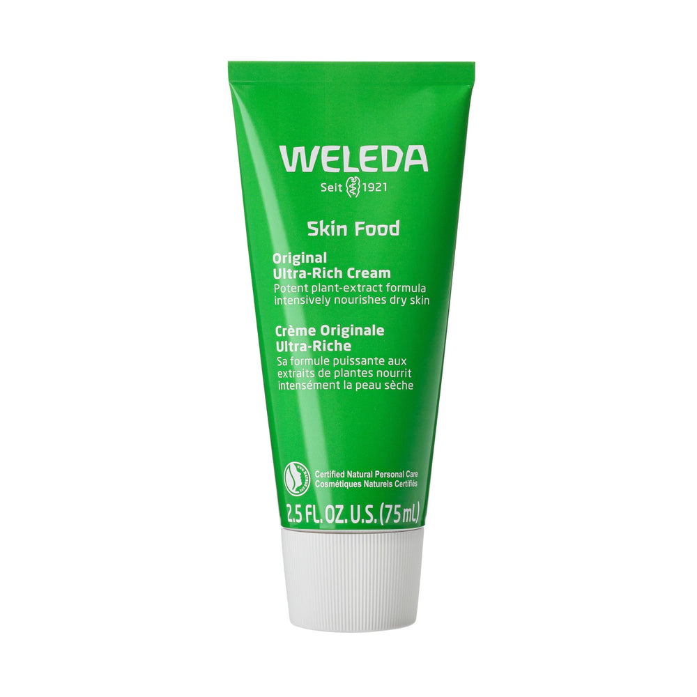 Weleda Skin Food bottle close-up showing the ultra-rich formula for dry skin.
