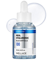 WELLAGE Real Hyaluronic Blue Ampoule bottle being poured for deep hydration.