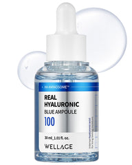 WELLAGE Real Hyaluronic Blue Ampoule bottle being poured for deep hydration.