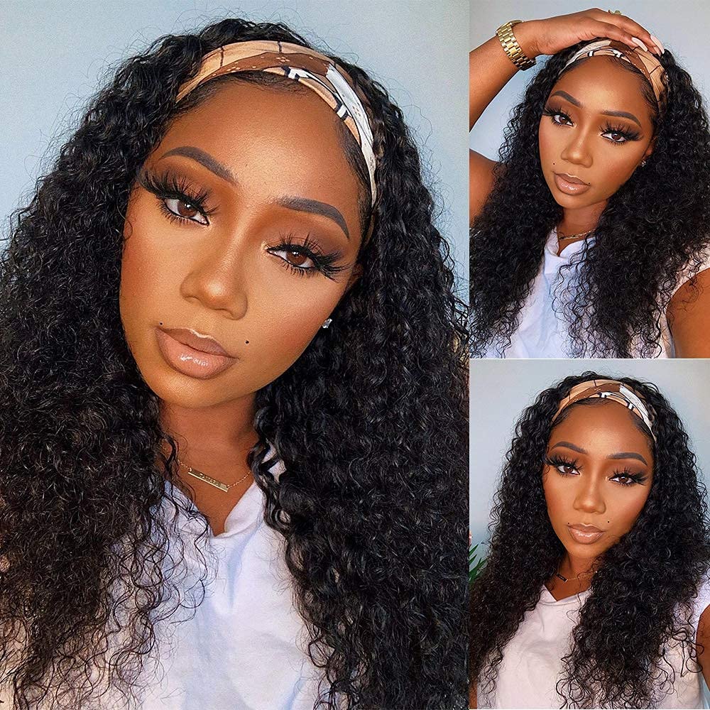 WENYAN headband wig deep wave 16in on model for quick everyday styling