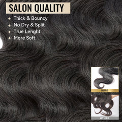 WEQUEEN bundles body wave weft detail reveals durable double-weft construction.
