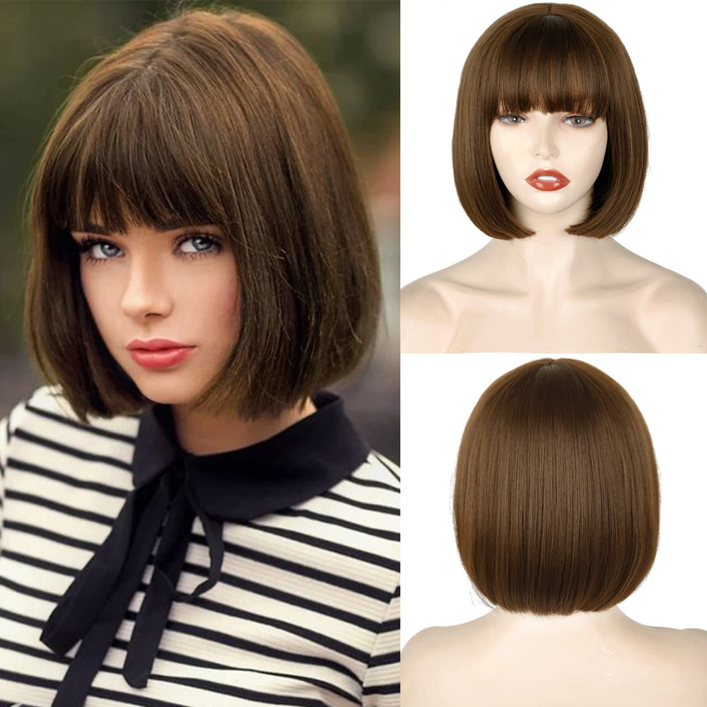 WERD short brown bob wig with bangs 10-inch for daily wear