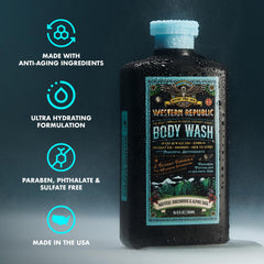 Western Republic men's body wash label closeup emphasizes clean ingredients and USA-made quality.