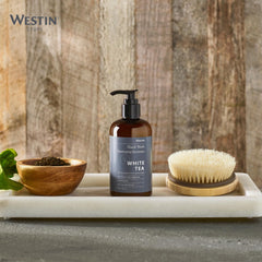 Westin White Tea Hand Soap label closeup highlighting product details.