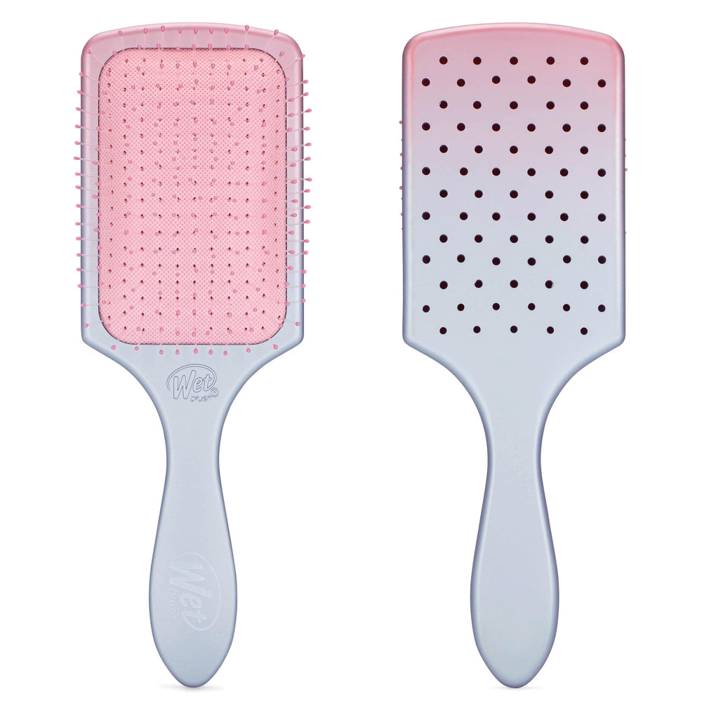 Wet Brush Paddle Detangler ombre pink purple close-up shows gentle detangling for long hair.