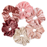 Whaline blush-theme pink velvet scrunchies, gentle daily styling.