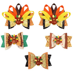 Whaline large Thanksgiving hair bow clip front view with glitter and turkey motif for festive styling.