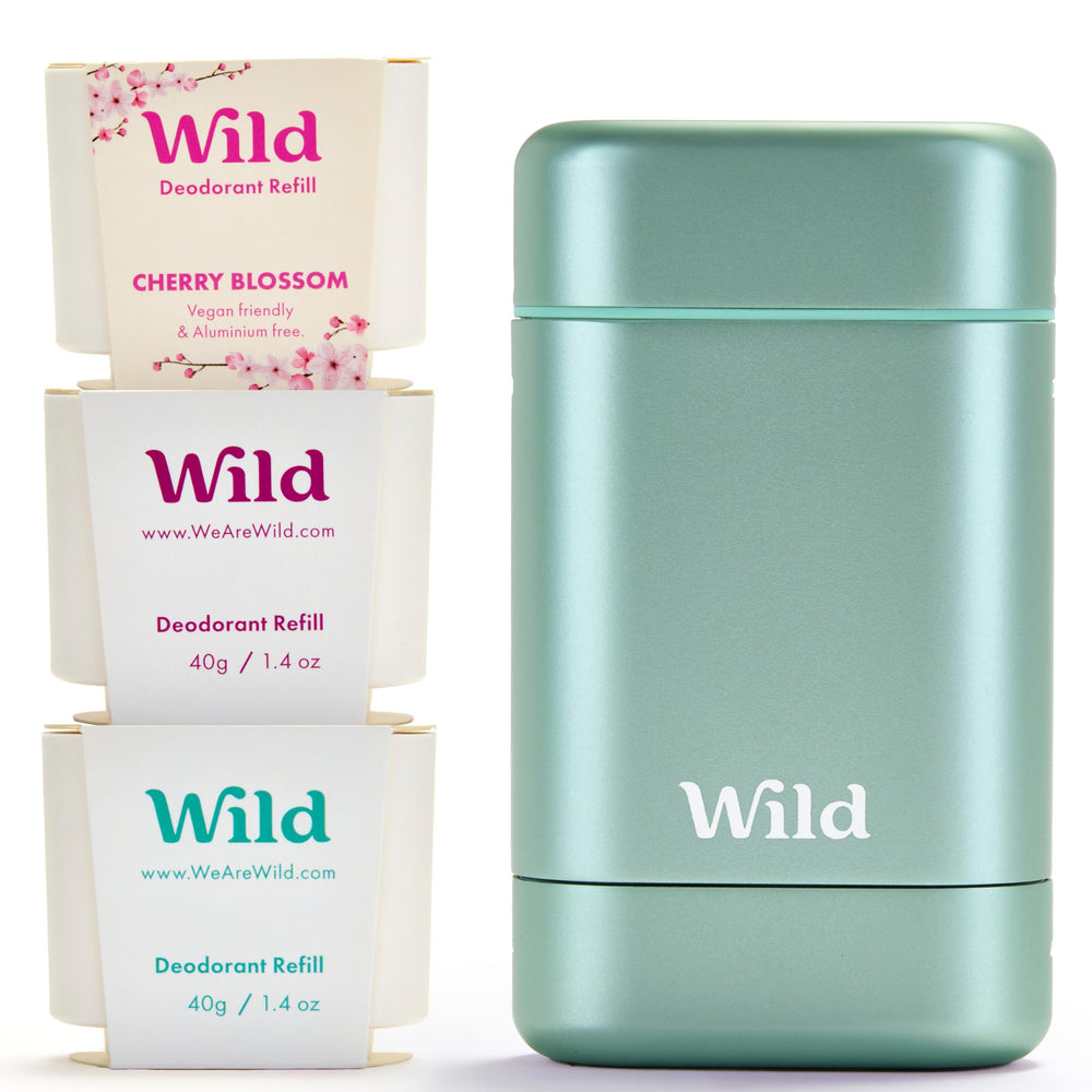 Wild Aqua Case front view shows refillable deodorant in a sleek aluminum case for everyday freshness.