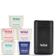 Wild full monty starter kit in black case demonstrates a reusable deodorant system for daily confidence.