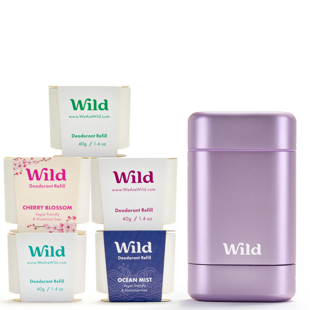 Wild Full Monty Starter Kit in purple case promotes eco-friendly, reusable deodorant routines